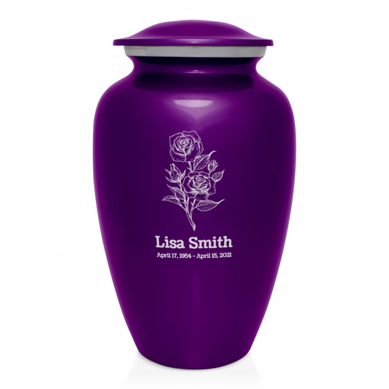 Cremation Urn, Luster Finish, Engraved Rose Design Memorial