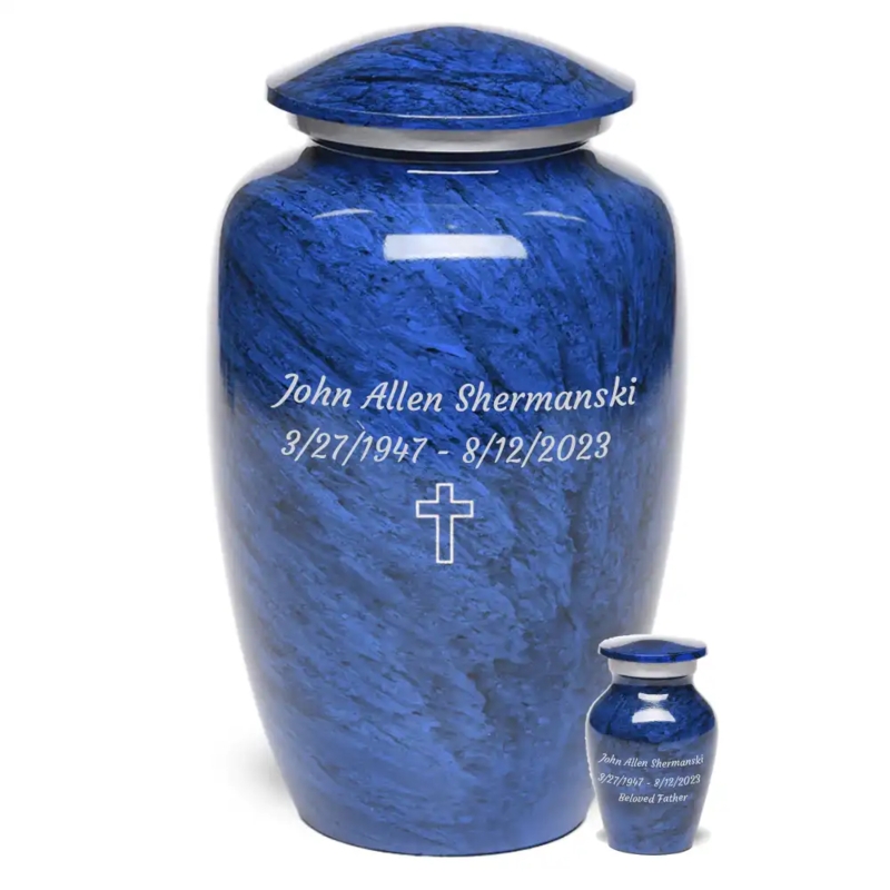 Cremation Urn Marbled Blue Finish Cross Symbol Personalized Engraving