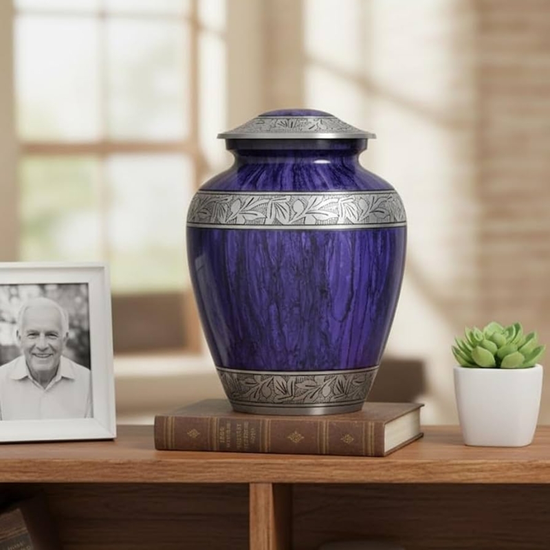 Cremation Urn, Marbled Swirls, Silver Floral Bands Funeral Urn