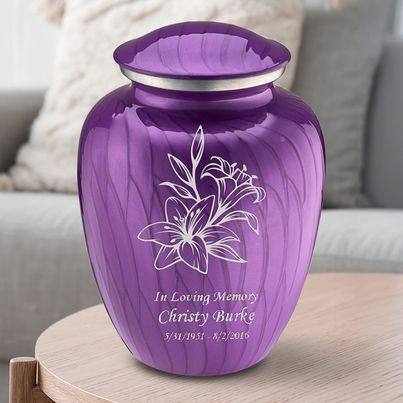 Cremation Urn, Pearl Purple Finish, Etched Lily Detail Personalized