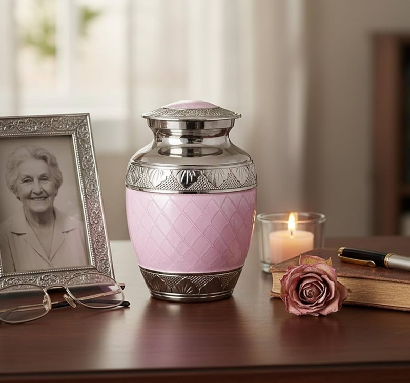 Cremation Urn Pink Diamond Texture Silver Engraved Metal Funeral Urn