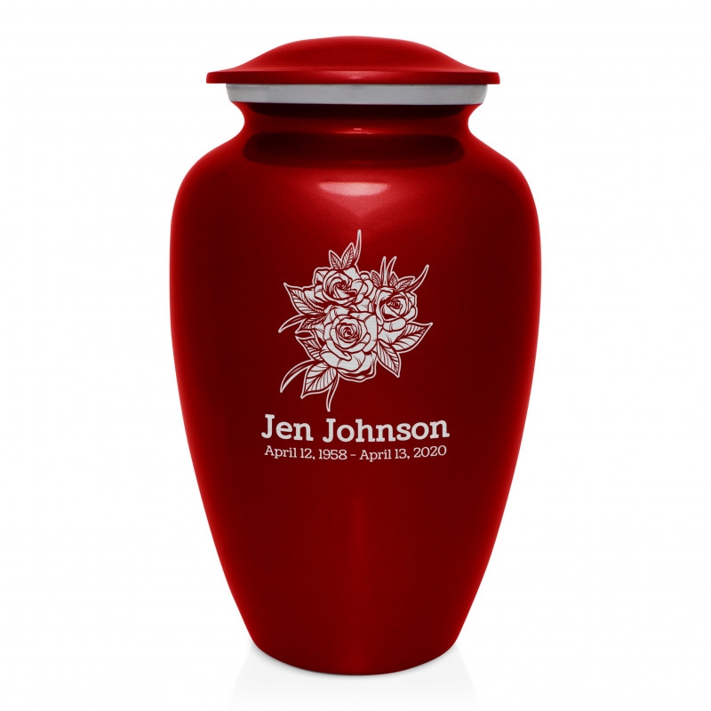 Cremation Urn Rose Engravings Personalized Text Ruby Red Floral Vessel