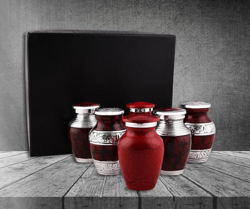 Cremation Urn Set Mini Marbled Red Silver Engraved Filigree Traditional