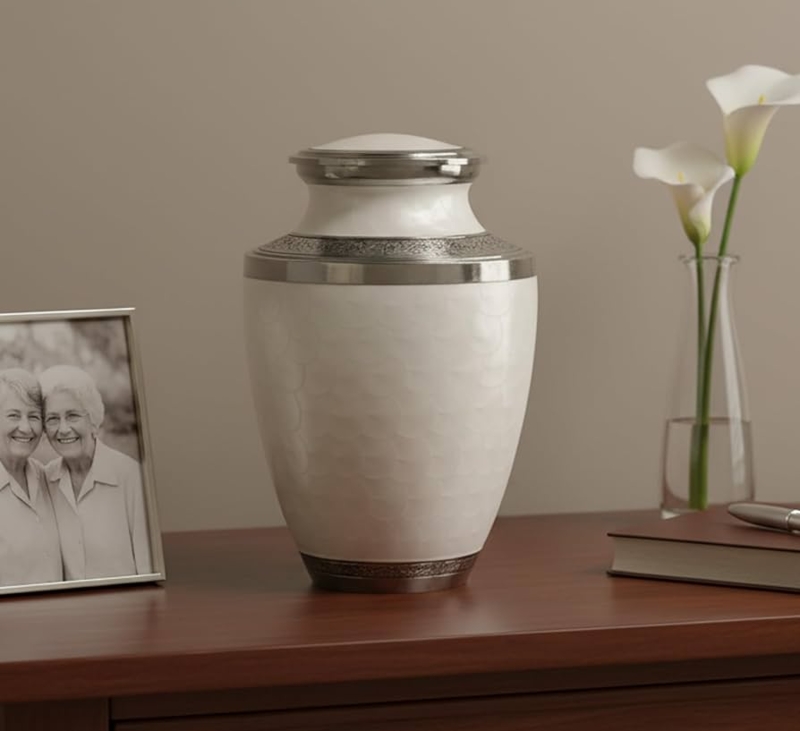 Cremation Urn Traditional Ivory Finish Etched Silver Band Memorial