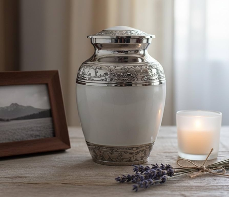 Cremation Urn White Silver Floral Engravings Traditional Burial Urn
