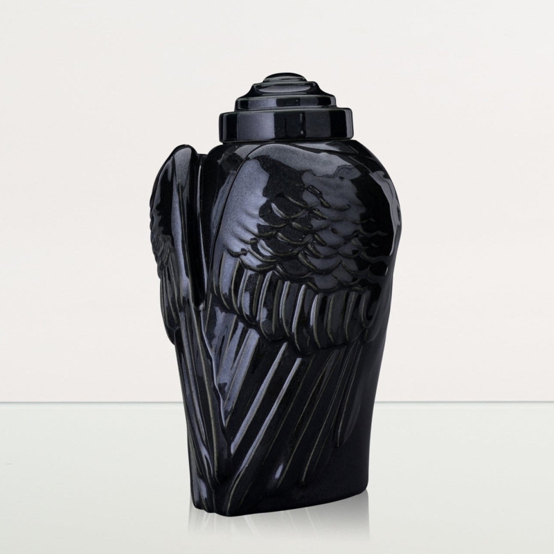 Cremation Urn Wing Relief Carving Glossy Black Ceramic Memorial Vessel