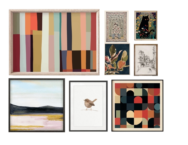 Curated Art Set Mixed Frames Geometric Abstracts Mid-Century Decor
