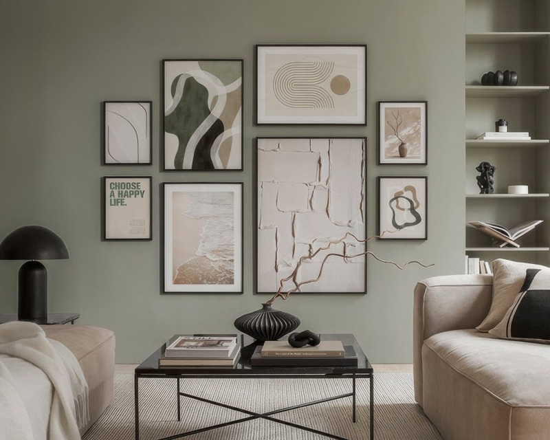 Curated Gallery Wall Prints Layout, Black Frames, Organic Shapes.