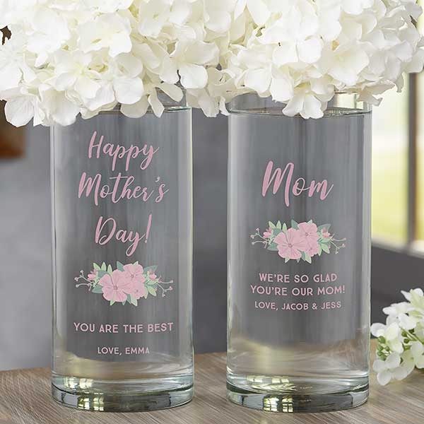 Cylinder Vase Personalized Message Pink Floral Etched Glass Decor
