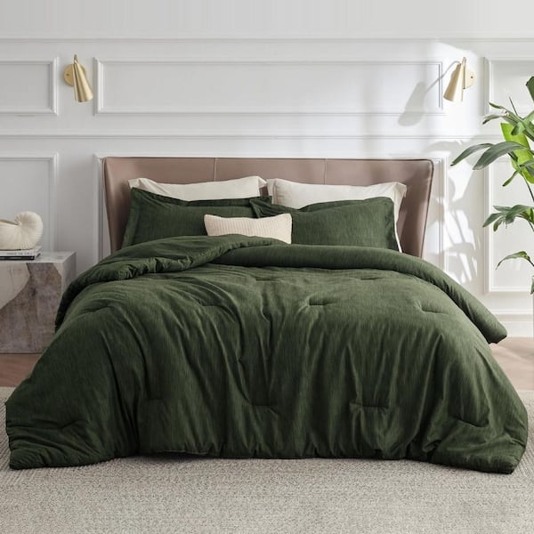 Dark Green Comforter Set Geometric Quilted Square Stitch Contemporary