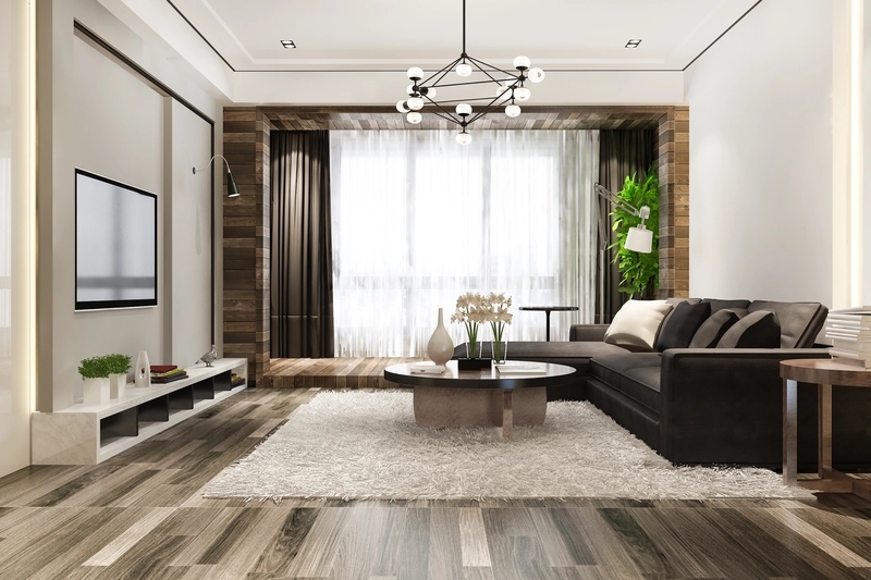 Dark Sectional Sofa and Contemporary Geometric Globe Chandelier
