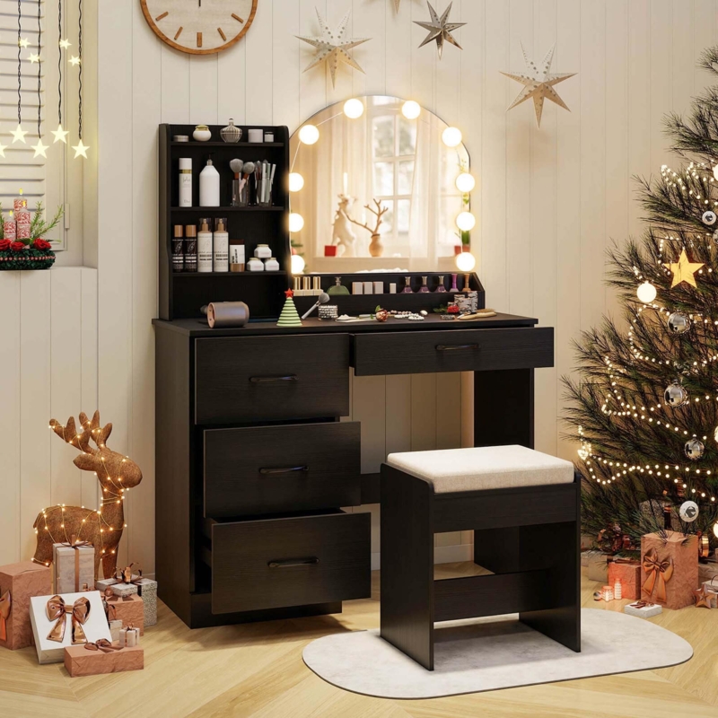 Dark Wood Vanity Set featuring Arched Lighted Mirror and Tiered Shelving