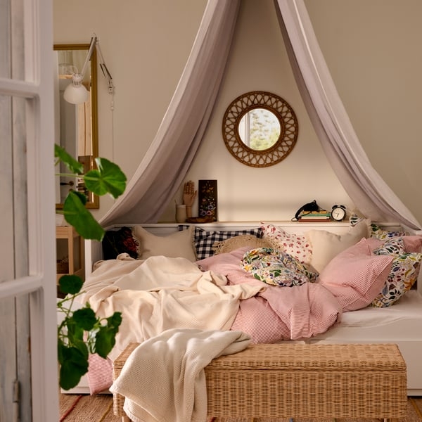Daybed Tent Style Canopy Woven Rattan Bench Layered Mixed Patterns