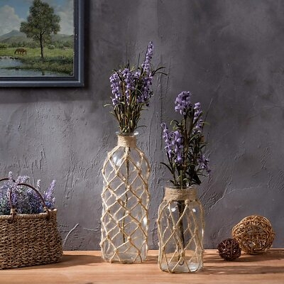 Decorative Bottle Set Glass And Jute Rope Wrapped Rustic Decor