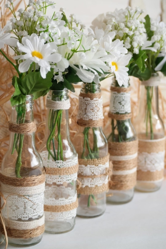 Decorative Bottle Set, Glass with Burlap and Lace Wrap for Farmhouse Decor