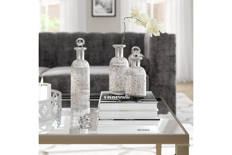Decorative Bottle Set: Mercury Glass Finish with Faceted Crystal Stoppers