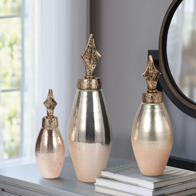 Decorative Bottle Set Ombre Glass Finial Lids Graduated Sizes