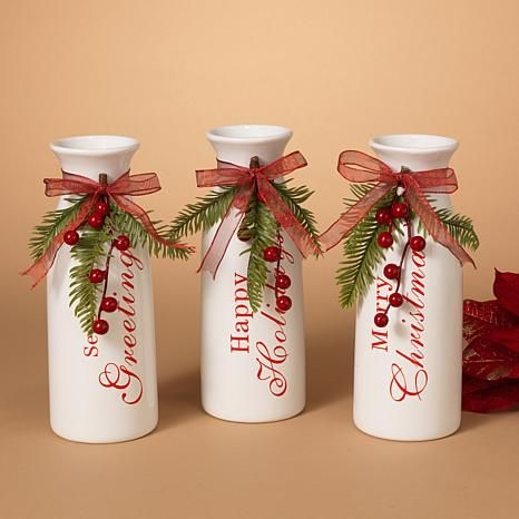 Decorative Bottle Vertical Red Script Traditional Christmas Greenery