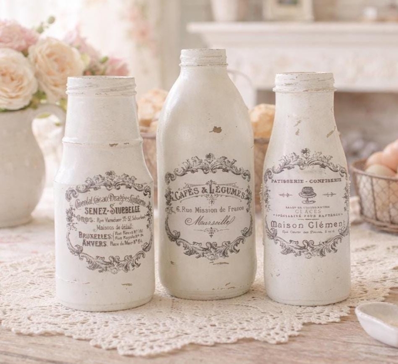 Decorative Bottles French Country Vintage Typography Distressed White