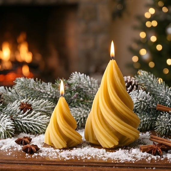 Decorative Candle Spiraled Tree Shape Beeswax Appearance Ribbed Rustic