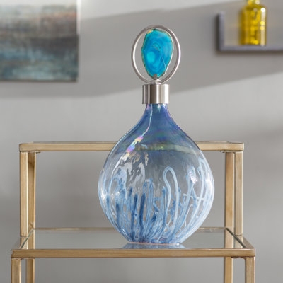 Decorative Glass Bottle, Swirled Pattern Vessel with Agate Stopper