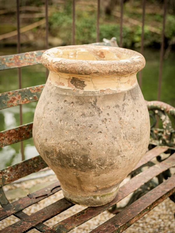 Decorative Jar Antique French Biot Weathered Patina Yellow Rim