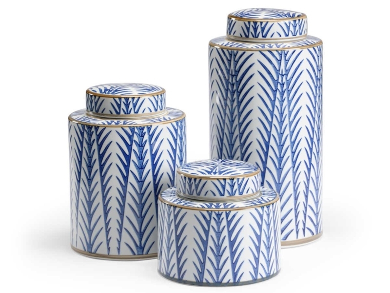 Decorative Jar Blue and White Stylized Leaf Pattern Gold Rims Set
