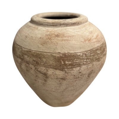 Decorative Jar Bulbous Silhouette Distressed Tan Horizontal Banding