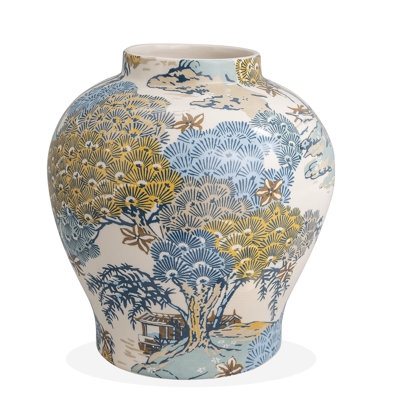 Decorative Jar, Chinoiserie Landscape Print in Blue and Mustard Yellow