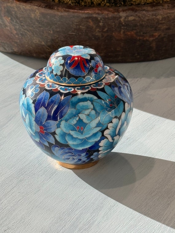 Decorative Jar Cloisonne Enamel Wire Inlay Floral Artisanal Small Glossy