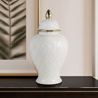 Decorative Jar, Diamond Lattice Texture, Gold Finial. Glam Accent Piece.