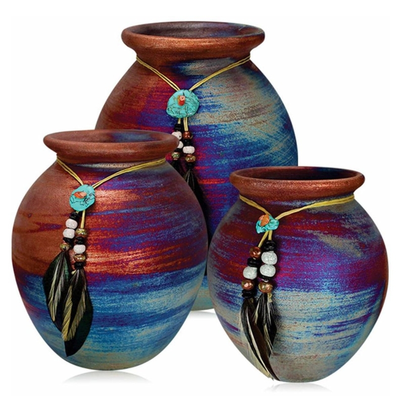Decorative Jar Feather Accents Iridescent Glaze Southwestern Style Jars