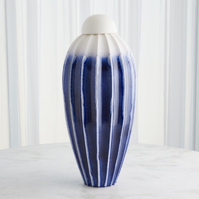 Decorative Jar Fluted Ceramic Cobalt Ombre Large Scale Coastal Lidded
