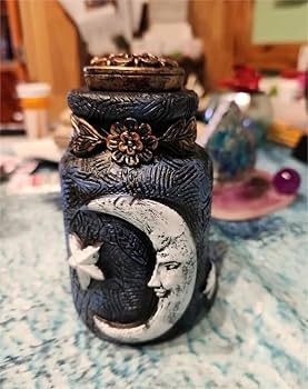 Decorative Jar Moon Face Motif, Textured Navy Blue Celestial