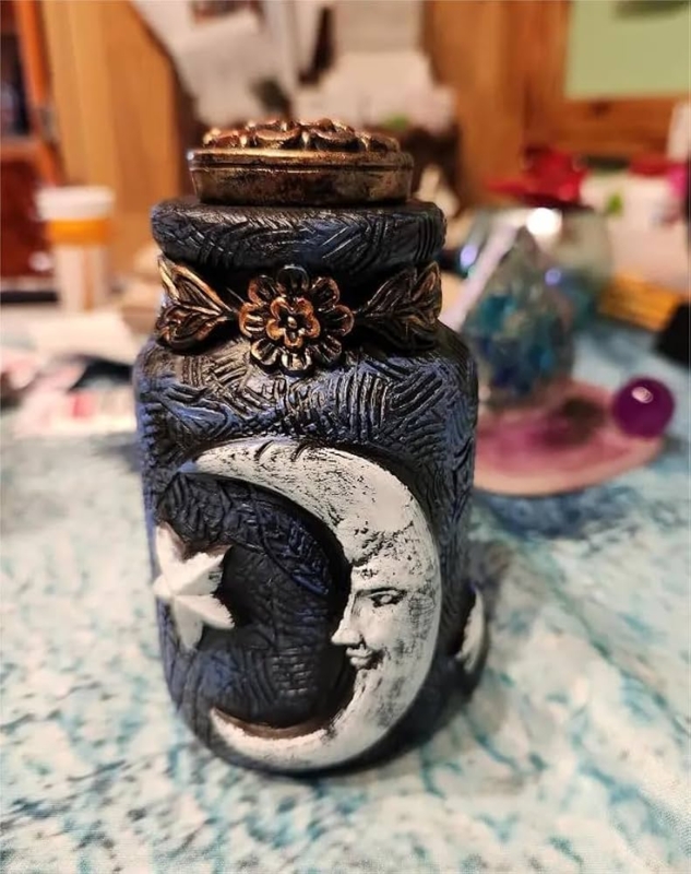 Decorative Jar Moon Face Relief Dark Blue Textured Celestial Gothic