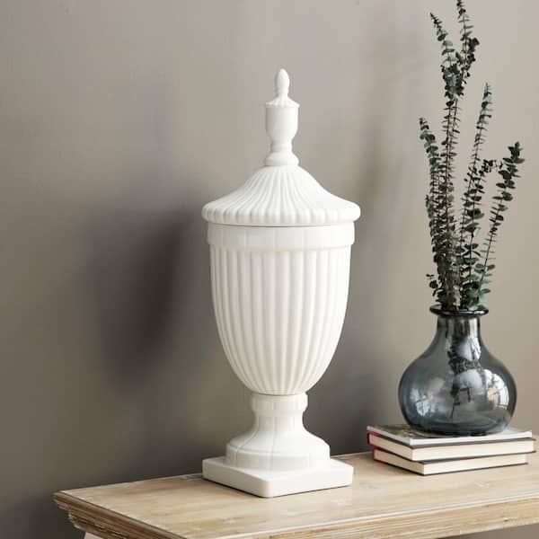 Decorative Jar Neoclassical Silhouette White Ceramic Finial Lid Fluted Urn
