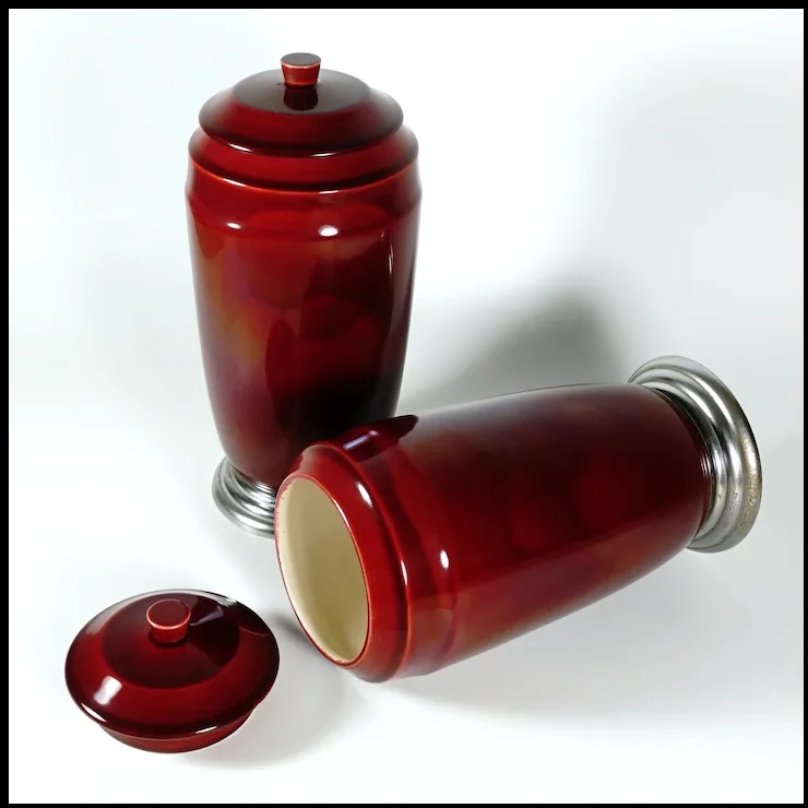 Decorative Jar Oxblood Flambe Glaze Sang De Boeuf Art Deco Lidded Pair