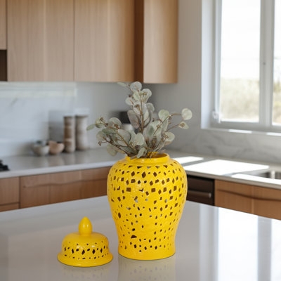 Decorative Jar Pierced Ceramic Ginger Jar, Lattice Cutouts, Glossy Finish