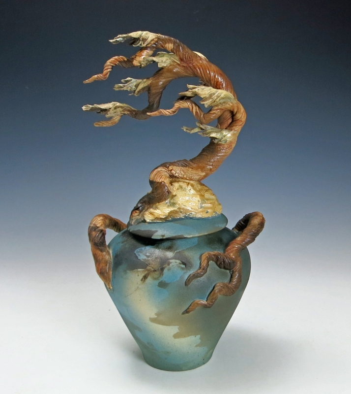 Decorative Jar Sculptural Tree Lid Teal Variegated Glaze Organic