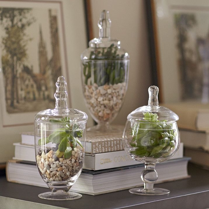 Decorative Jar Set Clear Glass Finial Lids Apothecary Style Terrarium Trio