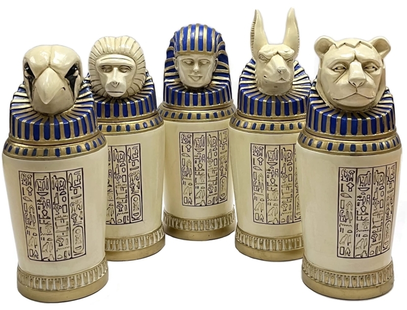 Decorative Jar Set Egyptian Revival Sculpted Lids Hieroglyphic Panel
