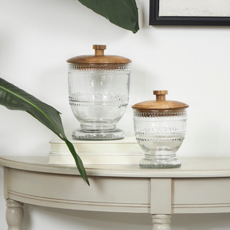 Decorative Jar Set featuring Beaded Glass Texture and Wood-Toned Lids