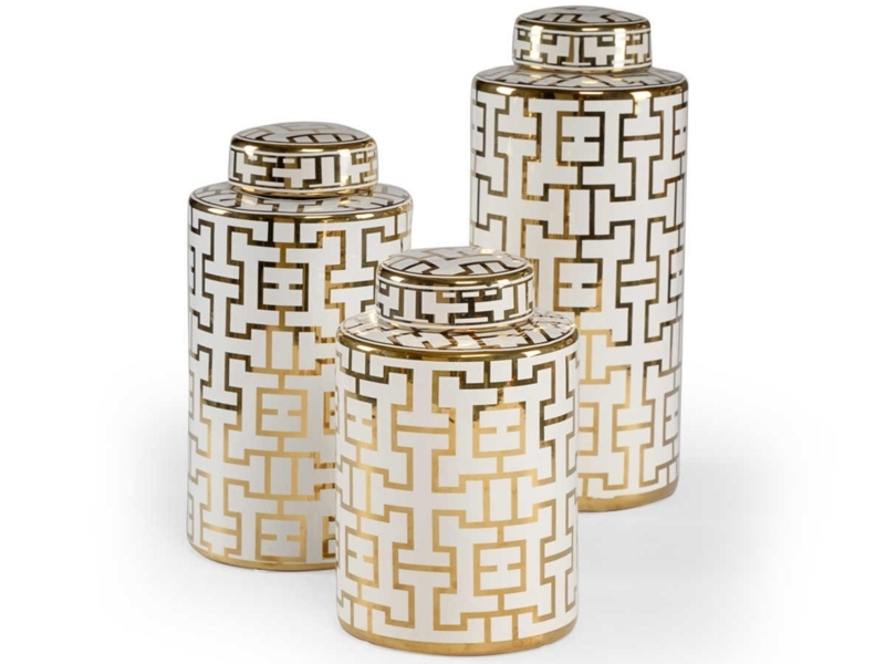 Decorative Jar Set Gold Fretwork Pattern Graduated Glam Style Jars