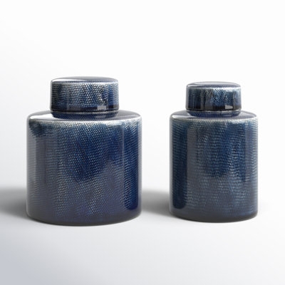 Decorative Jar Set Navy Blue Glossy Honeycomb Dotted Texture Ceramic