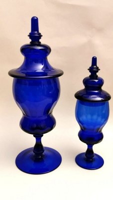 Decorative Jar Set Ornate Finial Lids, Pedestal Base Vintage Murano Style