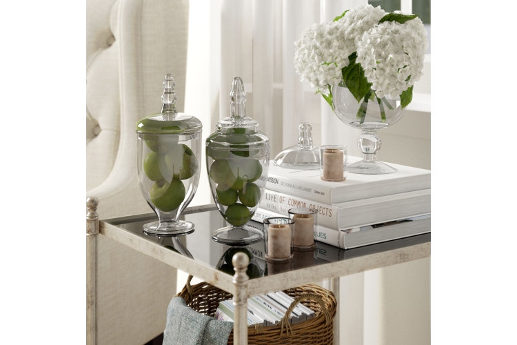 Decorative Jar Set: Polished Glass Finial Lids, Styled on Tiered Shelf