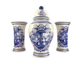 Decorative Jar Set Three-Piece Garniture Blue and White Mantel Decor