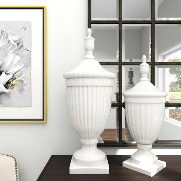 Decorative Jar Set Varied Heights Glossy White Ceramic Fluted