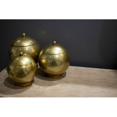 Decorative Jar, Spherical Form, Gold Finish, Ball Finial, Ceramic.