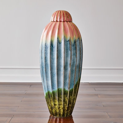 Decorative Jar: Tall Fluted Ceramic with Multi-Color Watercolor Glaze
